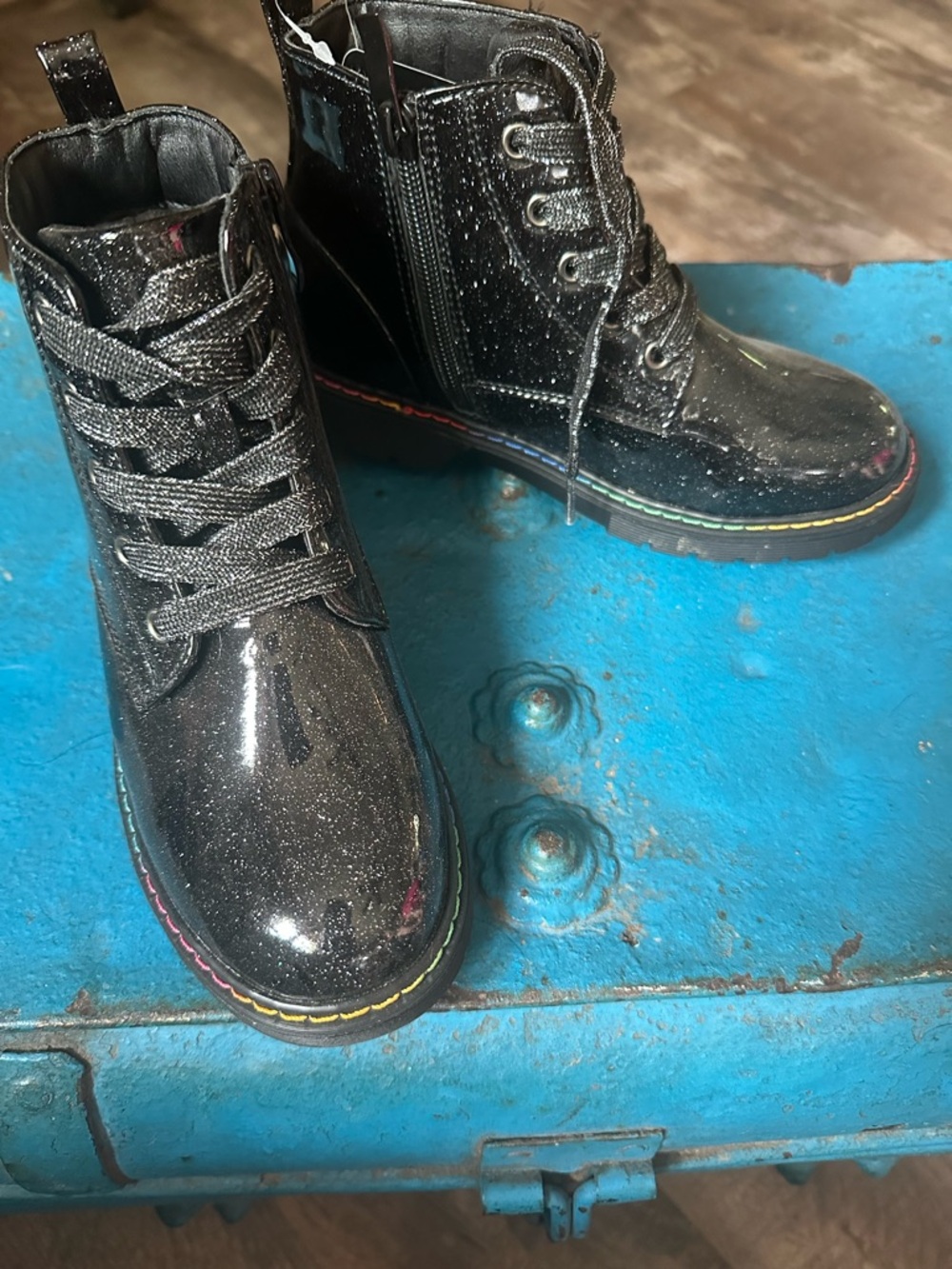 Kids Black Glitter Lace-Up Boots with Rainbow Stitching